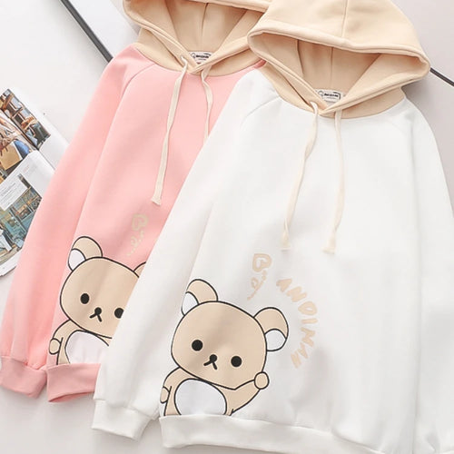 Load image into Gallery viewer, Harajuku Cartoon Bear Print Kawaii Hoodies Women Winter Long Sleeve Drawstring Fleece Hooded Sweatshirt Female Pullover Top
