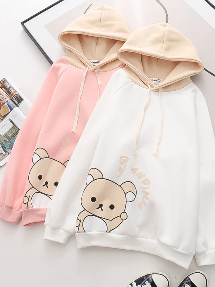 Harajuku Cartoon Bear Print Kawaii Hoodies Women Winter Long Sleeve Drawstring Fleece Hooded Sweatshirt Female Pullover Top