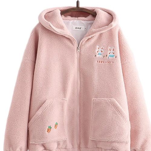 Load image into Gallery viewer, Lamb Wool Kawaii Zipper Hooded Jackets Women Cartoon Rabbit Embroidery Harajuku Warm Coat  Winter Long Sleeve Thick Outwears
