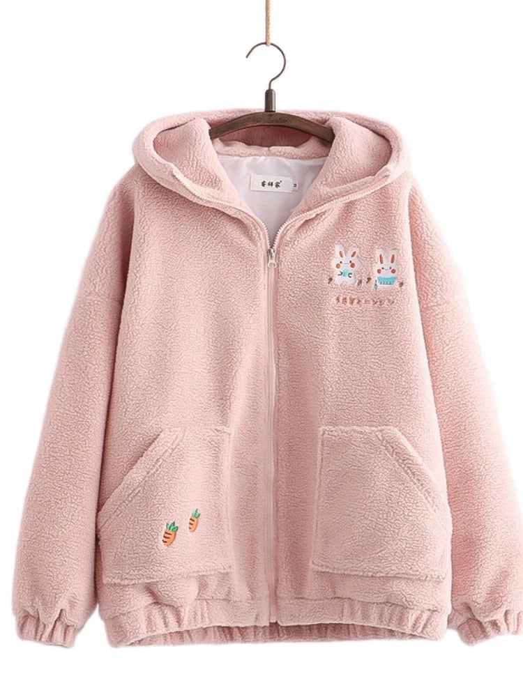 Lamb Wool Kawaii Zipper Hooded Jackets Women Cartoon Rabbit Embroidery Harajuku Warm Coat  Winter Long Sleeve Thick Outwears