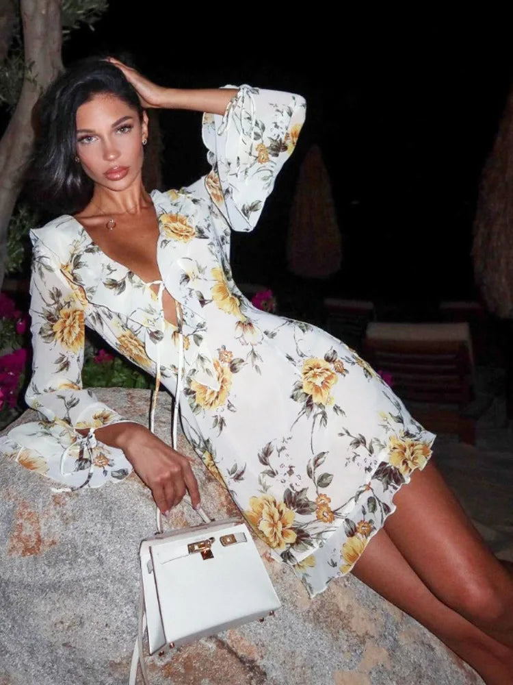 Sexy Long Sleeve Flower Deep V-neck Print Backless Mini Dress For Women Slim Lace-Up Club Party Dress Ladies Outfits