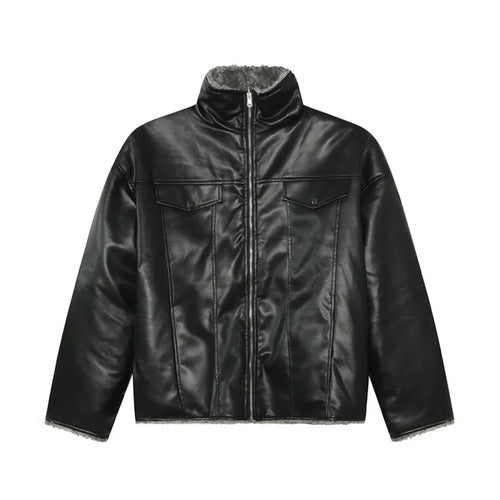 Load image into Gallery viewer, High Street Men&#39;s PU Leather Jackets Casual Stand Collar Reversible Fleece Solid Color Loose Male Coats Streetwear 9C9339
