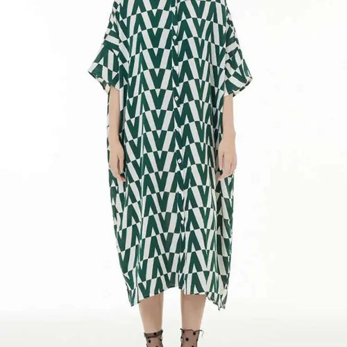 Load image into Gallery viewer, Women Black Pattern Printed Big Size Long Shirt Dress New Lapel Half Sleeve Loose Fit Fashion Spring Summer 2025 1DE9944
