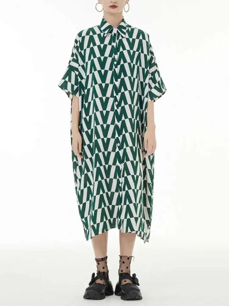 Women Black Pattern Printed Big Size Long Shirt Dress New Lapel Half Sleeve Loose Fit Fashion Spring Summer 2025 1DE9944