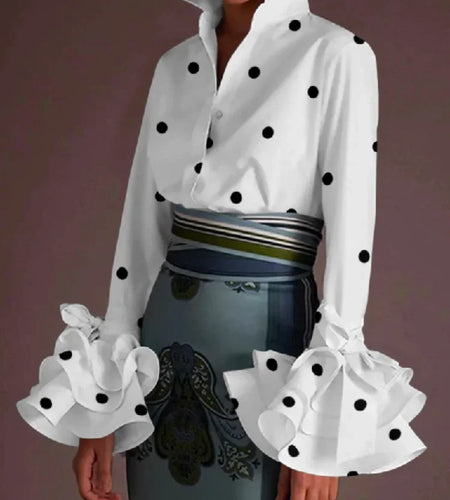Women's Classic Polka Dot Blouse 2024 Autumn Flared Sleeves Falbala Lapel Spring Casual Office Shirts Tops For Ladies