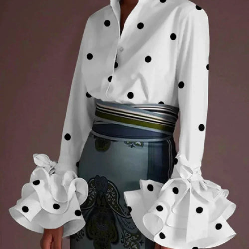 Load image into Gallery viewer, Women&#39;s Classic Polka Dot Blouse 2024 Autumn Flared Sleeves Falbala Lapel Spring Casual Office Shirts Tops For Ladies
