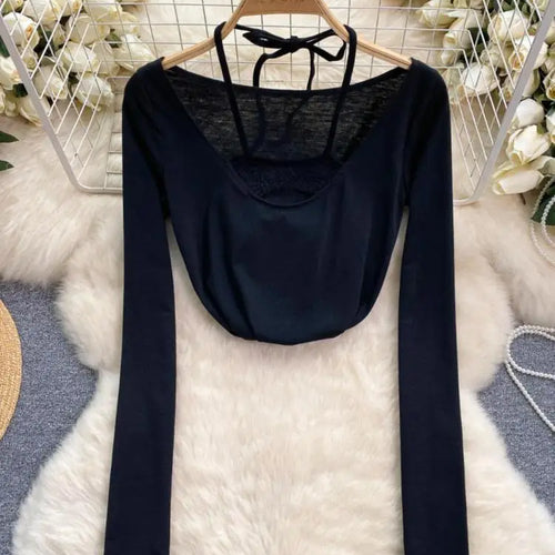 Load image into Gallery viewer, Korean Women's Black Hollow Out Halter Lace-up Short T Shirt Autumn Long Sleeve Slim Pullover Tops Simplicity Popular Clothing
