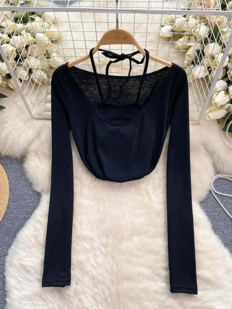 Korean Women's Black Hollow Out Halter Lace-up Short T Shirt Autumn Long Sleeve Slim Pullover Tops Simplicity Popular Clothing