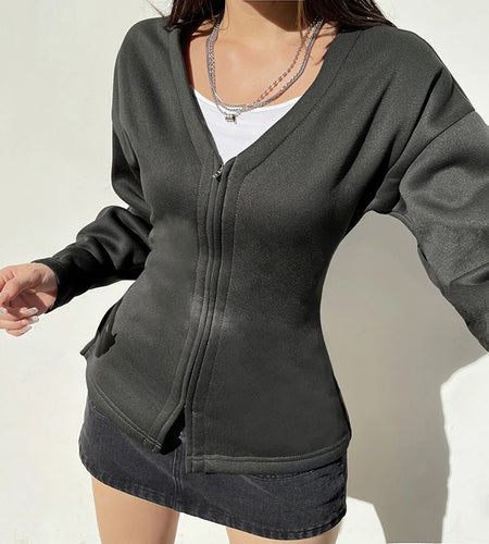 Casual Fleece Autumn Winter Jacket Women Solid Zip Up Coat V Neck Streetwear Basic Outwear Korean Jackets Long Sleeve