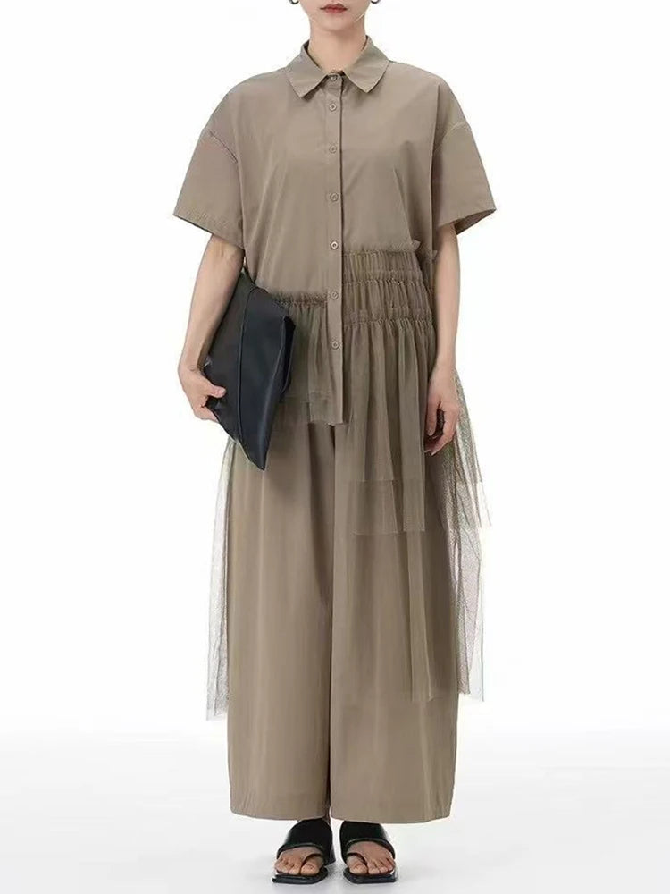 Women Black Mesh Irregular Big Size Long Blouse New Lapel Short Sleeve Shirt Fashion Tide Spring Summer 2025 1DJ1206