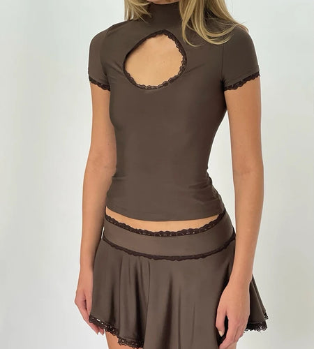 Brown Skirt Two Piece Sets Women Hollow Out Turtleneck Short Sleeve T-shirt And Mini Skirt Femme Sexy Skirt Sets New