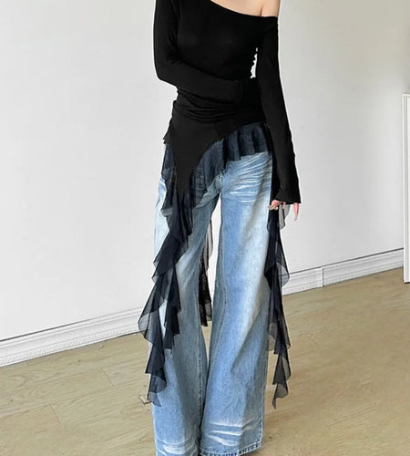 Women Y2k Aesthetic Irregular Gauze Patchwork Autumn Tees 2025 Skew Collar Harajuku Vintage T-shirts Solid Slim Fit Grunge Tops