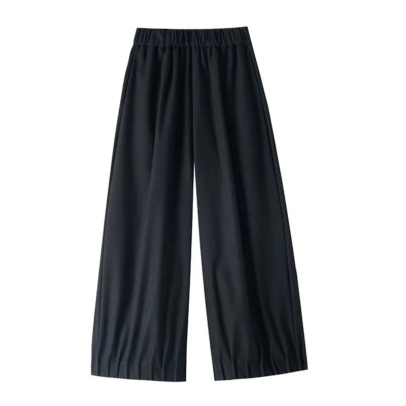 Women Black High Waist Pleated Woolen Ankle-length Pant Grey Versatile Wide Leg Trousers 2024 Autumn Winter Streetwear Simple