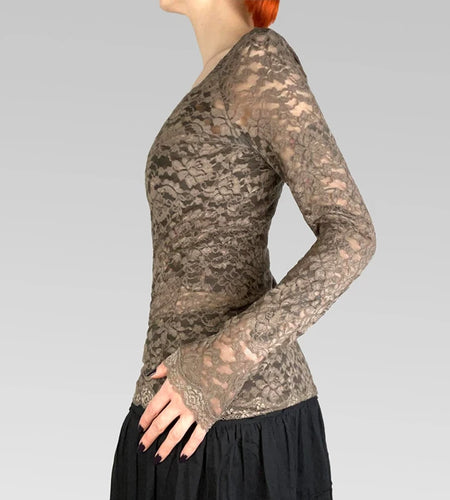 Fairycore Vintage Brown Lace T-shirts Female Y2K Long Sleeve Top See Through Fashion Party Top 2000s Aesthetic Shirts