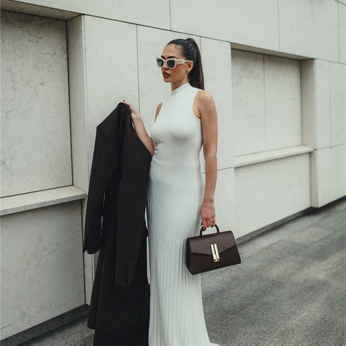 Load image into Gallery viewer, Half High Collar Sleeveless Knit Maxi Dress For Women Fashion Solid Bodycon Sexy Pleated Long Knitted Sweater Dress
