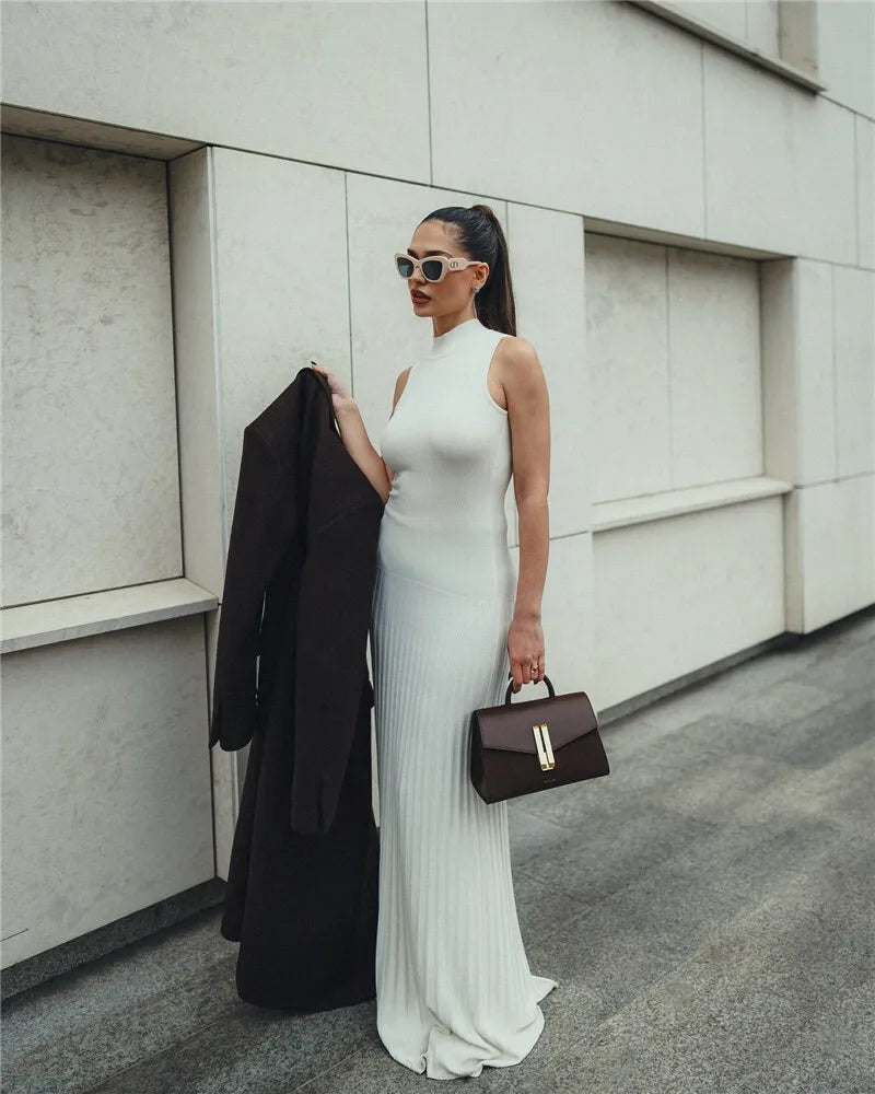 Half High Collar Sleeveless Knit Maxi Dress For Women Fashion Solid Bodycon Sexy Pleated Long Knitted Sweater Dress