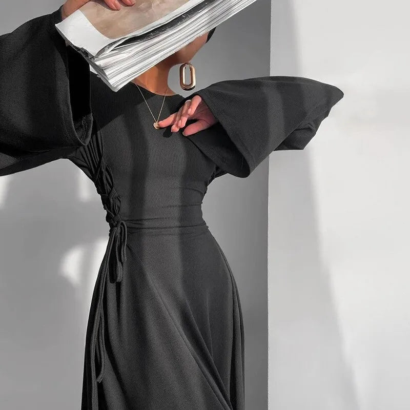 Ribbed Bandage Sexy Maxi Dress For Women Solid Lace-up O Neck Long Sleeve High Waist Elegant Long Dress Fashion