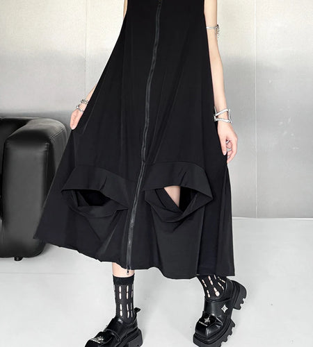 Women Black Zipper Hollow Out Big Size A-line Vest Dress New V-Neck Sleeveless Fashion Tide Spring Summer 2025 1DJ1410