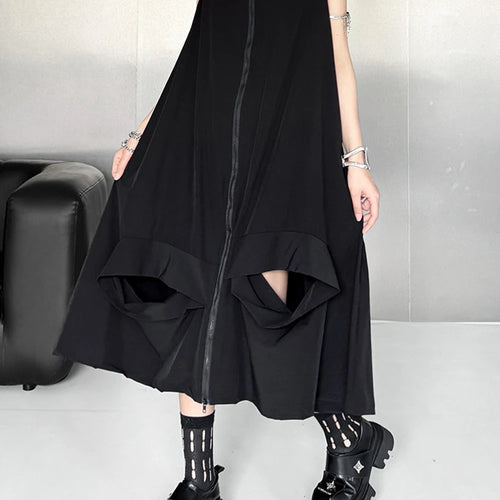 Load image into Gallery viewer, Women Black Zipper Hollow Out Big Size A-line Vest Dress New V-Neck Sleeveless Fashion Tide Spring Summer 2025 1DJ1410
