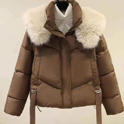 Load image into Gallery viewer, Korean Version 2024 New Casual Solid Hooded Fur Neck Short Cotton Padded Jacket Winter Retro Zipper Bread Down Thick Coat Street
