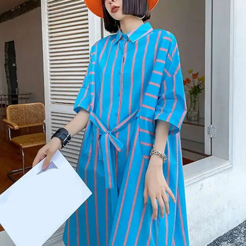 Load image into Gallery viewer, Women Blue Striped Bandage Big Size Knee-Length Shirt Dress New Lapel Long Sleeve Fashion Tide Spring Autumn 2025 1DH4539

