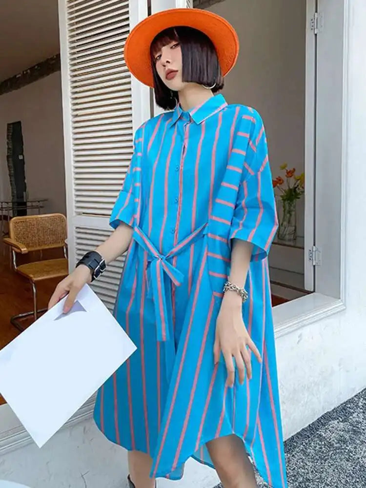 Women Blue Striped Bandage Big Size Knee-Length Shirt Dress New Lapel Long Sleeve Fashion Tide Spring Autumn 2025 1DH4539