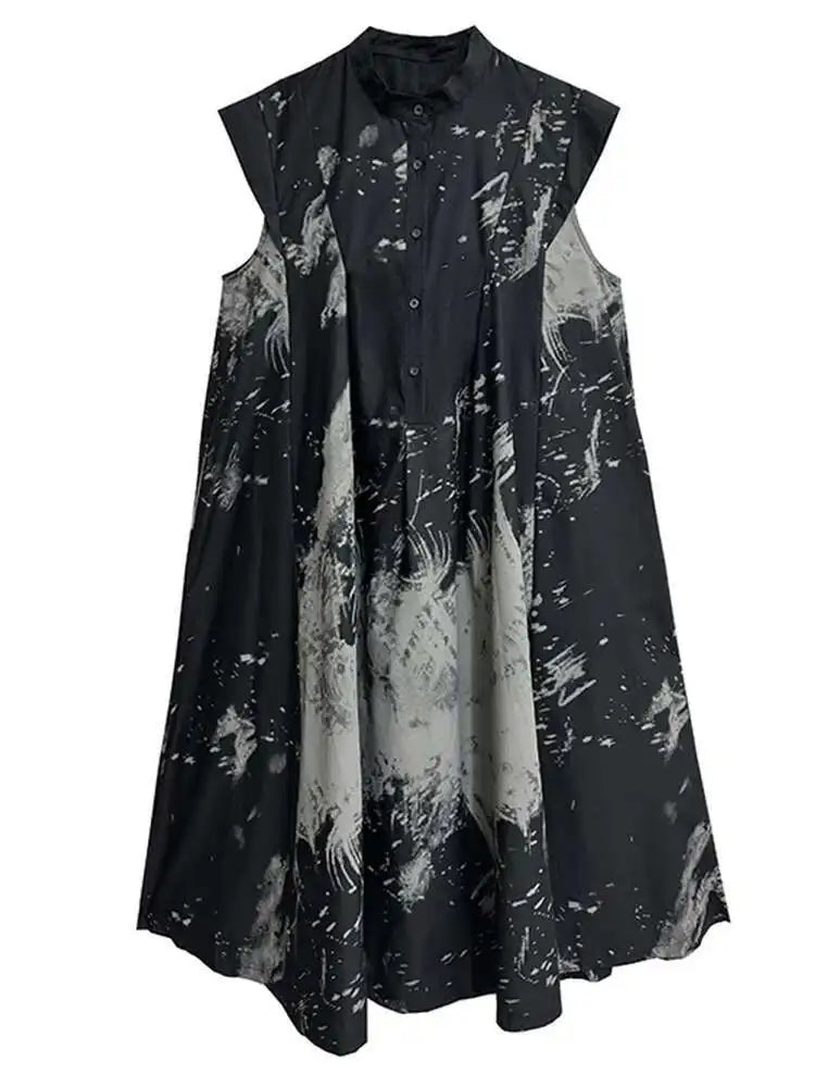 Women Black Pattern Printed Big Size Midi Shirt Dress New Stand Collar Sleeveless Fashion Tide Spring Summer 2025 1DH5837
