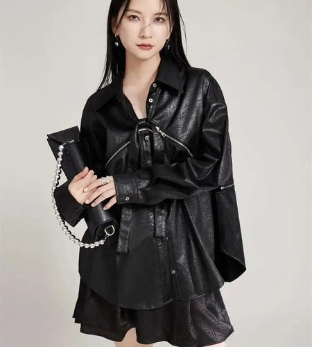 Women Black Zipper 2 Ways Wear Big Size Blouse New V-neck Long Sleeve Shirt Fashion Tide Spring Autumn 2025 1DH8012