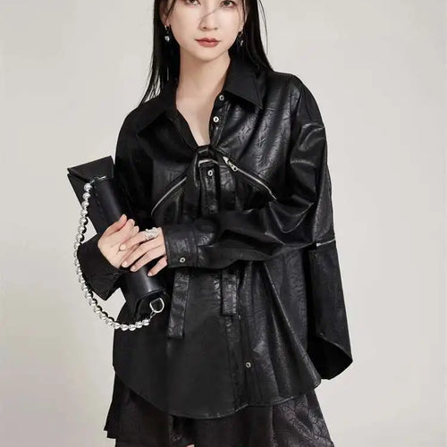 Load image into Gallery viewer, Women Black Zipper 2 Ways Wear Big Size Blouse New V-neck Long Sleeve Shirt Fashion Tide Spring Autumn 2025 1DH8012
