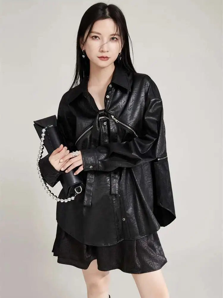 Women Black Zipper 2 Ways Wear Big Size Blouse New V-neck Long Sleeve Shirt Fashion Tide Spring Autumn 2025 1DH8012