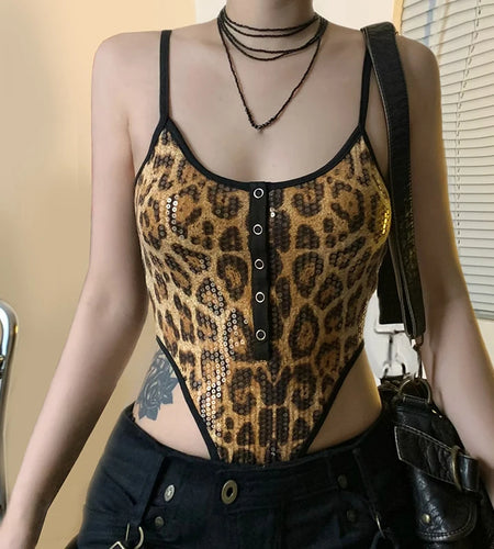 Sexy Sequines Leopard Printed Party Bodysuit Women Contrast Color Skinny Spaghetti Strap One Piece Tops Bling Rompers