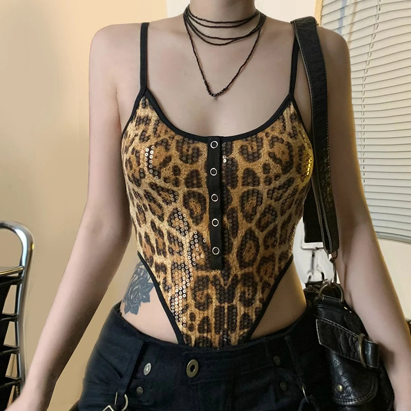 Sexy Sequines Leopard Printed Party Bodysuit Women Contrast Color Skinny Spaghetti Strap One Piece Tops Bling Rompers