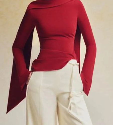 Autumn Winter Women's Solid Pullovers Tops 2024 New Fashion Flared Sleeves Long Sleeves Zipper Boat Neck Warmth Originality Tops