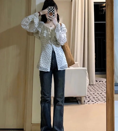 Wave Point Blouse Women Ruffled Slim Harajuku Single Breasted Tops Y2k Aesthetic Flare Sleeve Grunge Blusas Streetwear De Mujer