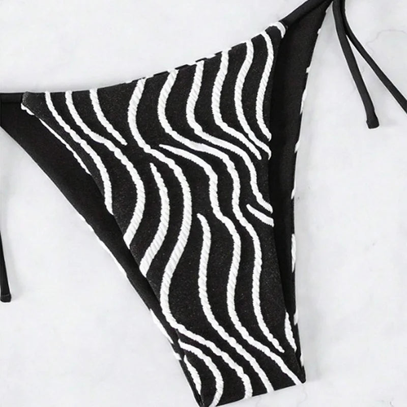 Sexy Black Stripe Halter Bikini Set Thong High Leg Cut Female Swimsuit Women Swimwear Two-pieces Bikini set