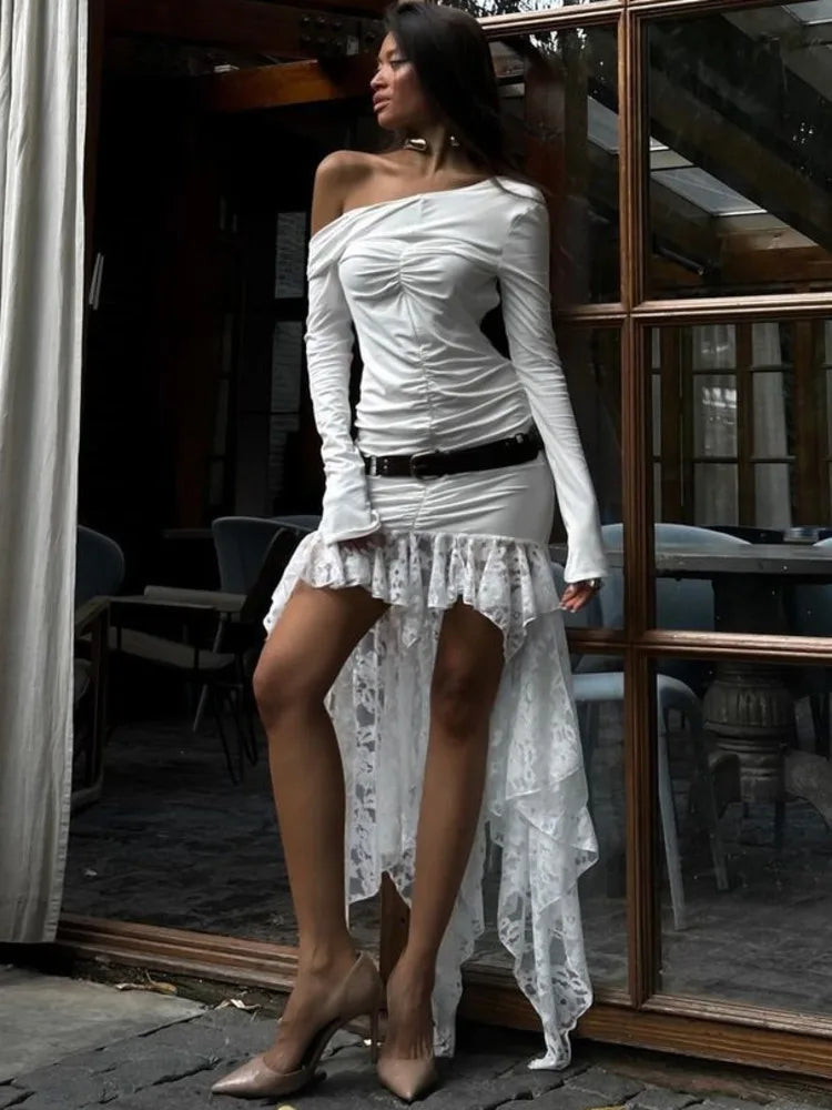 Elegant Long Sleeved Lace Patchwork Bodycon Dress Female Sexy Irregular Female Vestido Autumn/winter Party Evening Dress