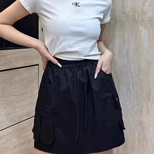 Load image into Gallery viewer, Korean Version Women Solid Drawstring Elastic Waist Lace-up Slim High Waist Work Short Skirt Summer Versatile Pockets Mini Skirt
