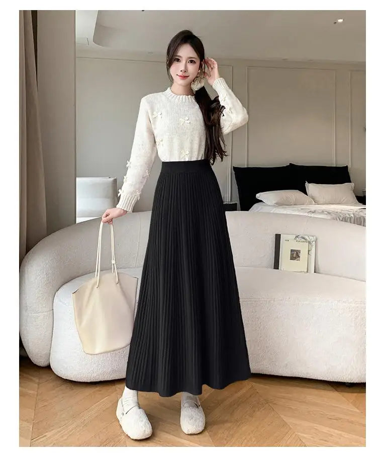 Vintage Women's Solid Elegant Party Knitted Long Skirt High Waist Pleated Warm Vacation A-line Skirts 2024 Autumn Winter Popular