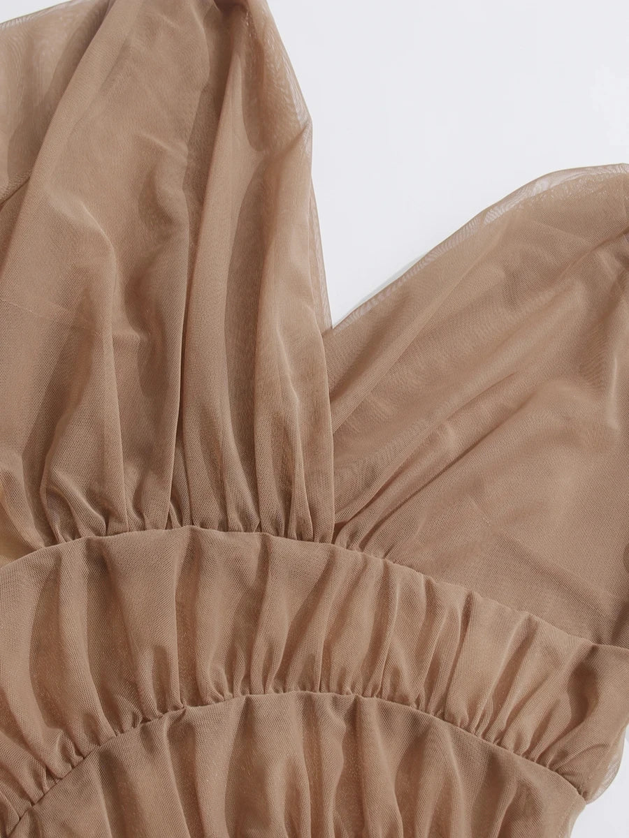 Slimming Sheer Spliced Crimping Sexy Mini Dresses for Women V Neck Long Sleeves Fashion Dress Female Clothing New