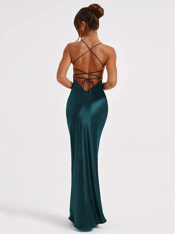 Sexy Spaghetti Strap Bodycon Satin Dress With Open Back Lace Up Female Long Dress Elegant Party Club Evening Dress 2024