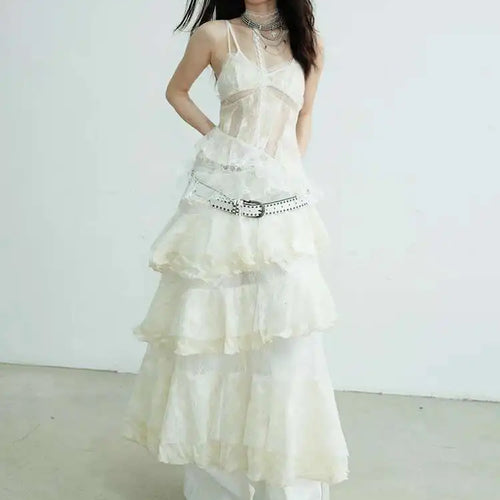 Load image into Gallery viewer, Women Beige Lace Perspective Long Spaghetti Strap Dress New V-Neck Sleeveless Fashion Tide Spring Autumn 2025 1DJ0684
