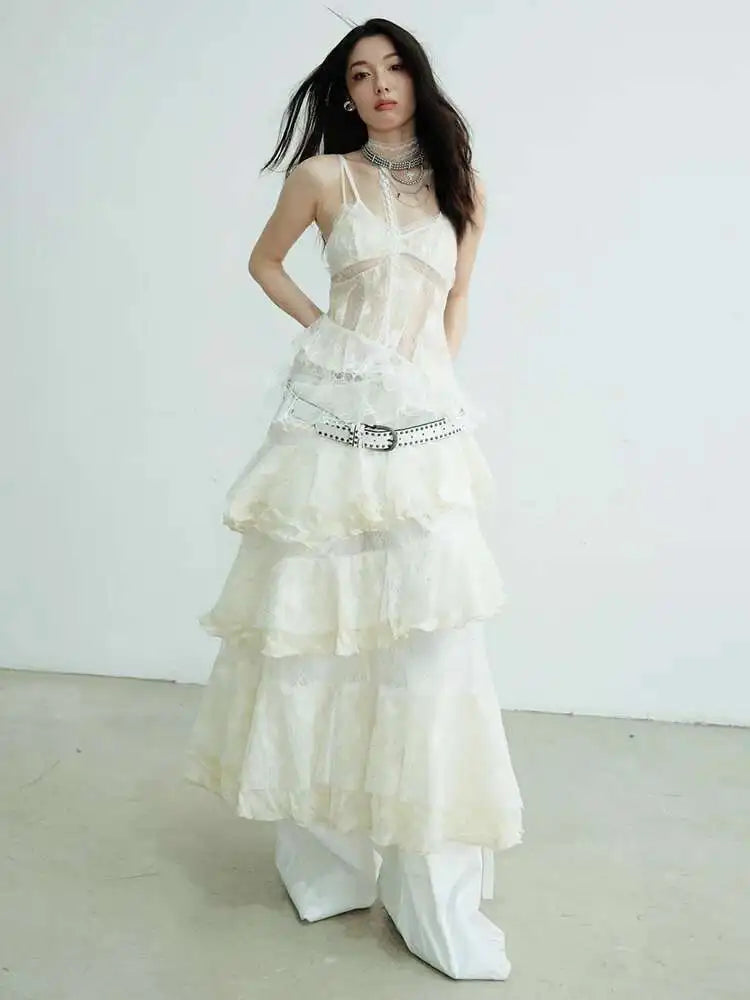 Women Beige Lace Perspective Long Spaghetti Strap Dress New V-Neck Sleeveless Fashion Tide Spring Autumn 2025 1DJ0684