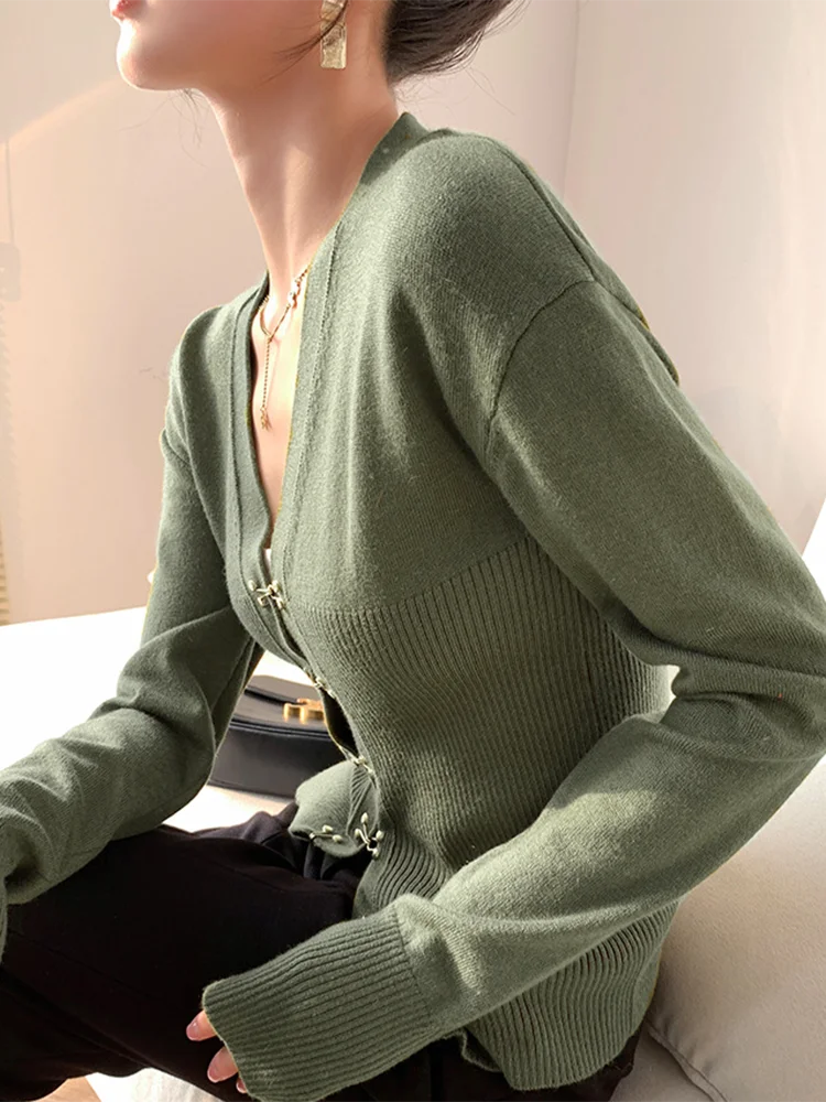 Patchwork Single Breasted Sweaters For Women V Neck Long Sleeve Knitting Slim Sweater Female Fashion Autumn