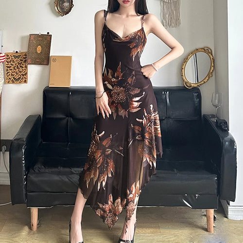 Load image into Gallery viewer, Asymmetrical Flowers Printing Mesh Dress Women Vintage Fashion Y2K Aesthetic Summer Midi Dress Party Sleeveless Chic
