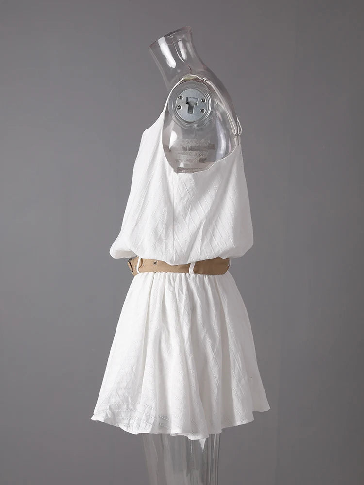 Women White Belted Elegant Spaghetti Strap Mini Dress New Round Neck Sleeveless Fashion Tide Spring Summer 2025 CPG3145