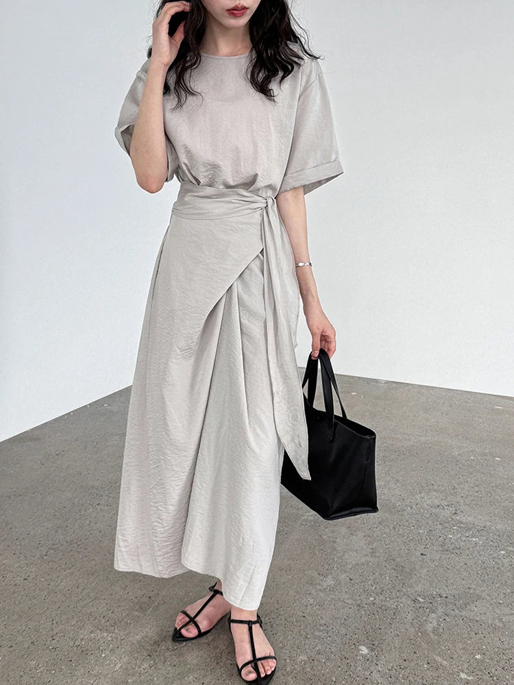 Women Navy Blue Cross Bandage Big Size Elegant Midi Dress New Round Neck Short Sleeve Fashion Spring Summer 2025 1DJ1359