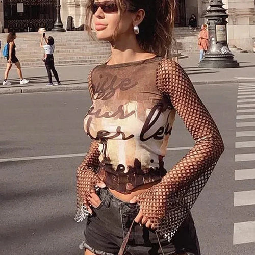 Load image into Gallery viewer, Y2k Sheer Crop Tops Abstract Brown Print Mesh Patchwork Fishnet Hollow Long Sleeve Tshirt Women Graphic Tees P85-AI13
