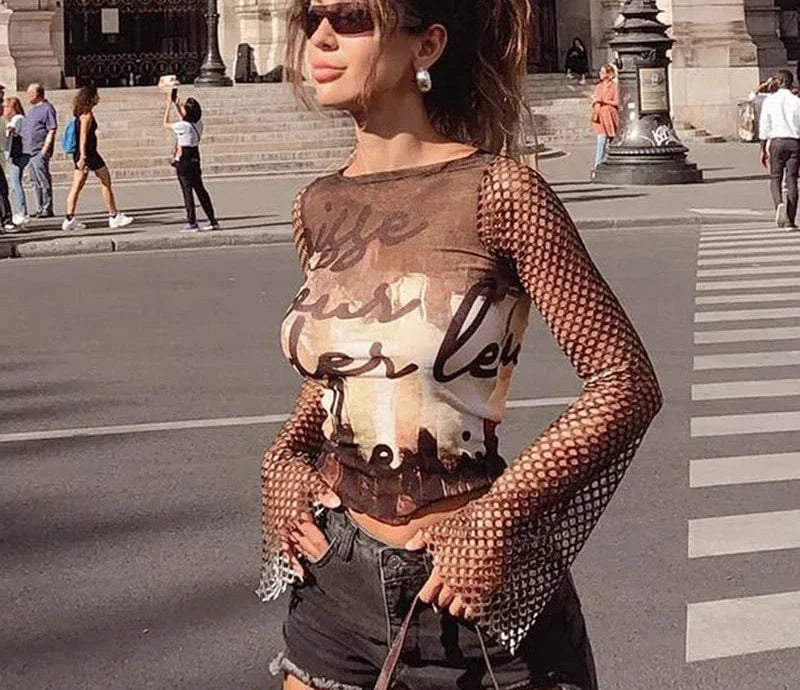 Y2k Sheer Crop Tops Abstract Brown Print Mesh Patchwork Fishnet Hollow Long Sleeve Tshirt Women Graphic Tees P85-AI13