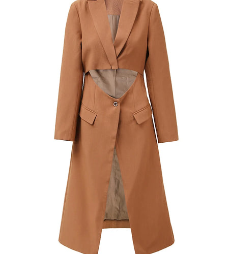 Women Brown Irregular Spliced Long Elegant Blazer New Lapel Long Sleeve Jacket Fashion Tide Spring Autumn 2025 26D9036