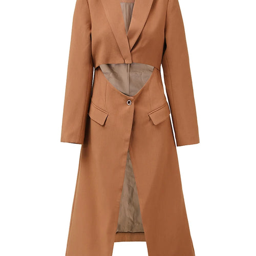 Load image into Gallery viewer, Women Brown Irregular Spliced Long Elegant Blazer New Lapel Long Sleeve Jacket Fashion Tide Spring Autumn 2025 26D9036
